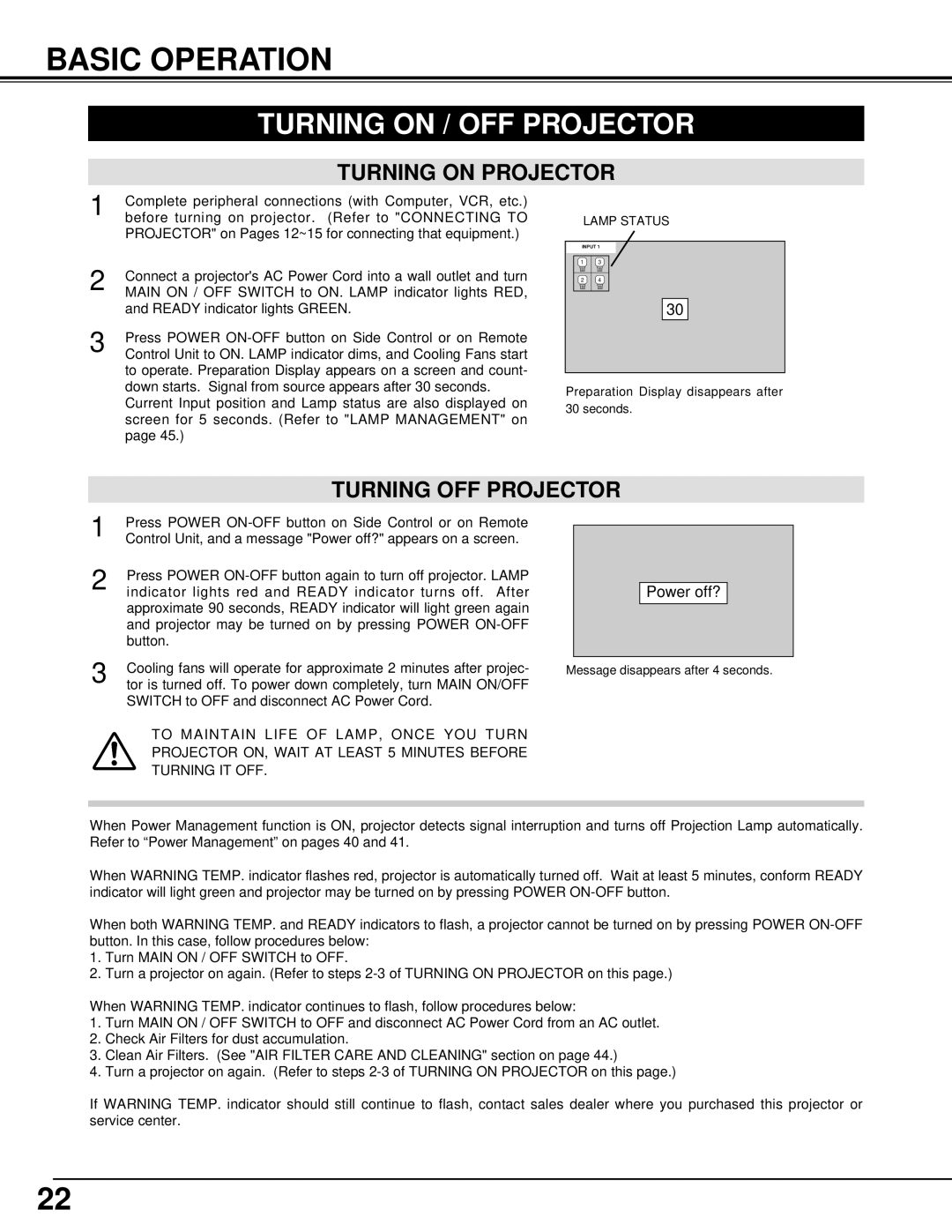 Eiki LC-XT3 instruction manual Basic Operation, Turning on / OFF Projector, Turning on Projector, Turning OFF Projector 