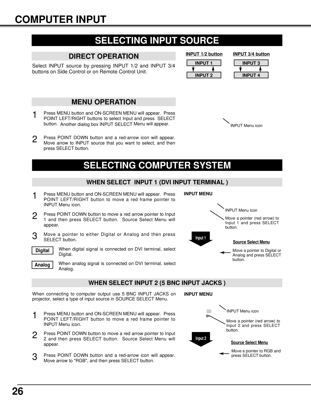 Eiki LC-XT3 instruction manual Computer Input, Selecting Input Source, Selecting Computer System, Input Menu 