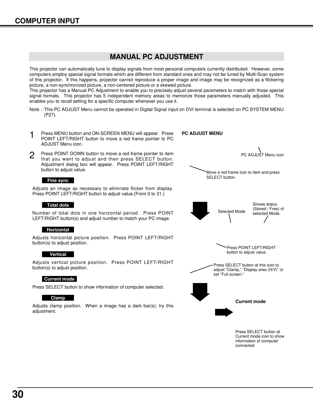 Eiki LC-XT3 instruction manual Computer Input Manual PC Adjustment 