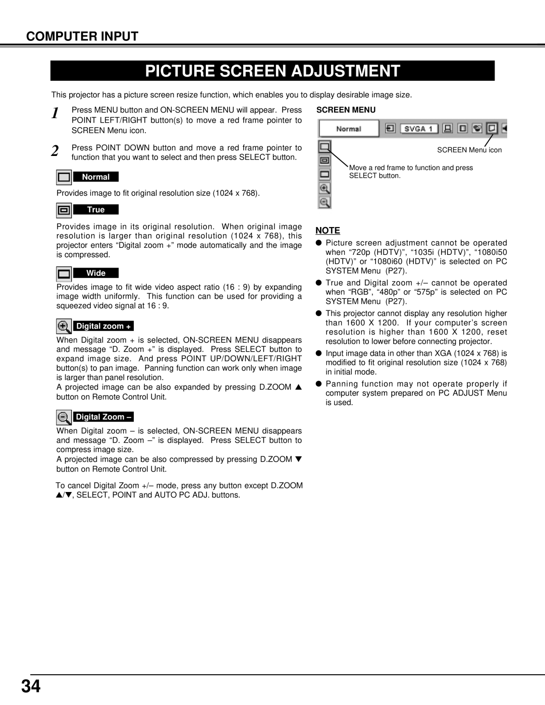 Eiki LC-XT3 instruction manual Picture Screen Adjustment, Screen Menu 