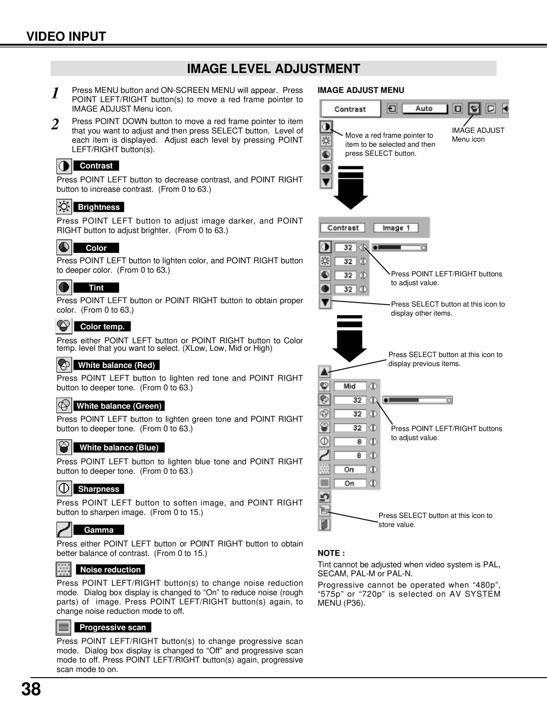 Eiki LC-XT3 instruction manual Video Input Image Level Adjustment, Color, Tint, Progressive scan 