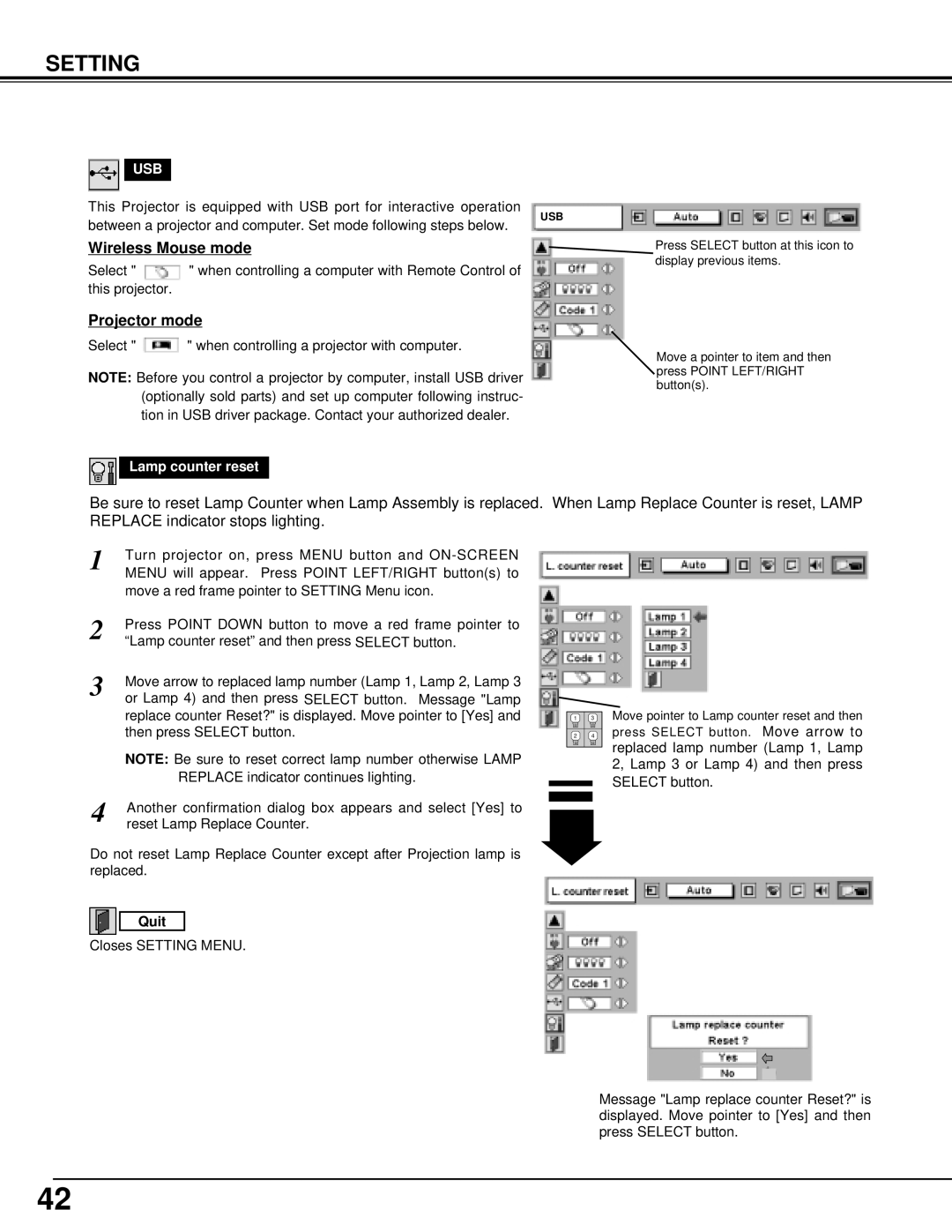 Eiki LC-XT3 instruction manual Wireless Mouse mode, Projector mode, Usb, Lamp counter reset 