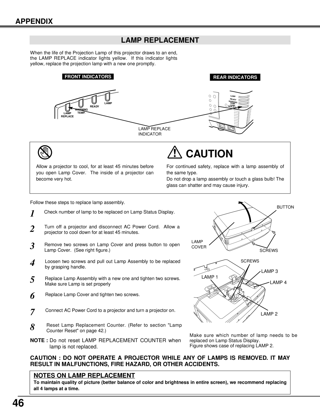 Eiki LC-XT3 instruction manual Appendix Lamp Replacement, Front Indicators Rear Indicators 