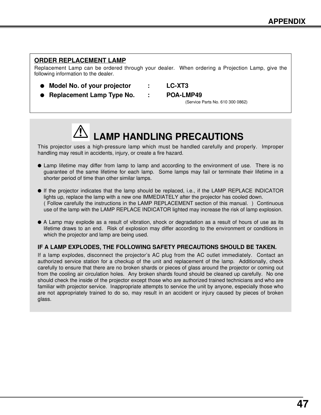 Eiki LC-XT3 instruction manual Lamp Handling Precautions 