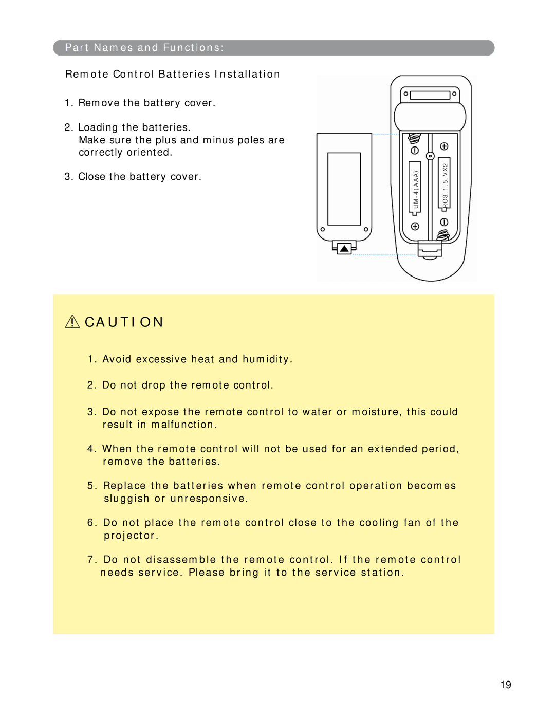 Eiki LC-XWP2000 manual Remote Control Batteries Installation 