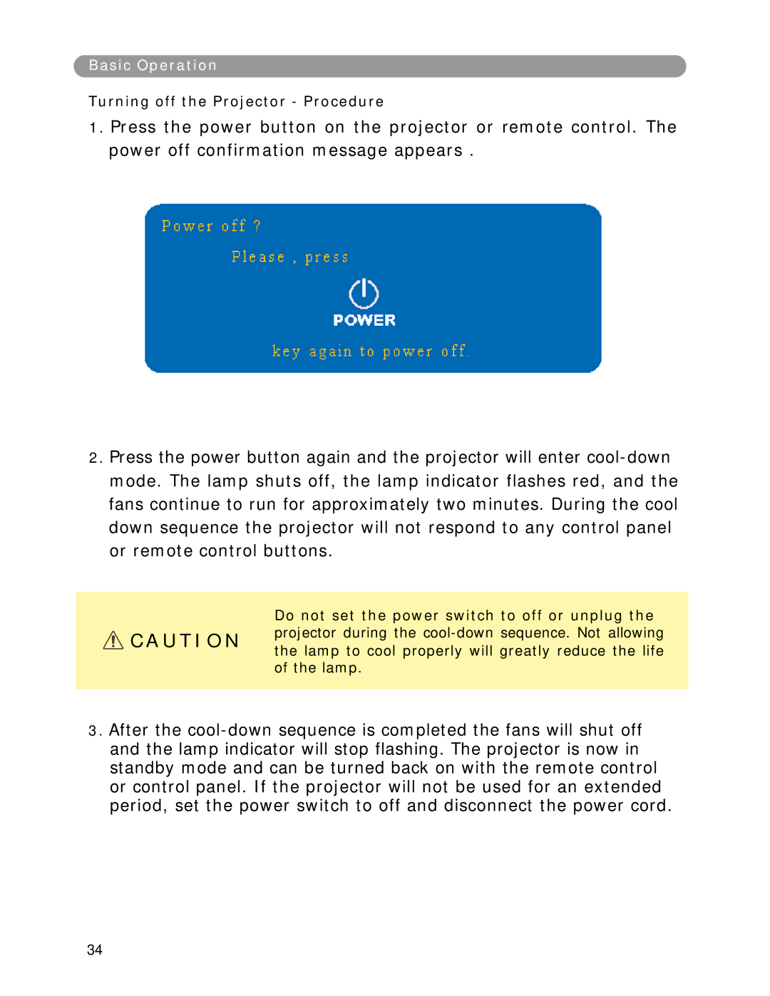 Eiki LC-XWP2000 manual Turning off the Projector Procedure 