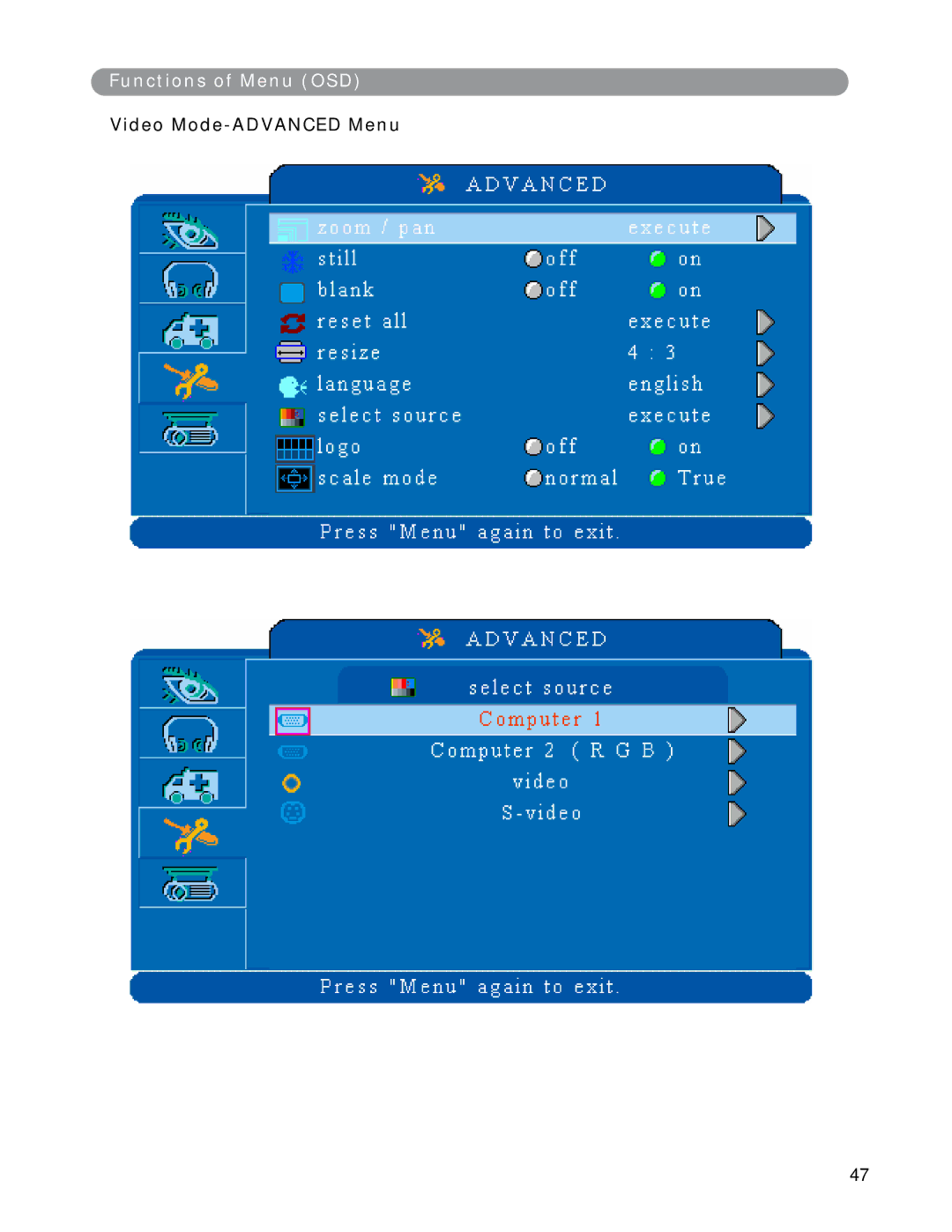 Eiki LC-XWP2000 manual Video Mode-ADVANCED Menu 