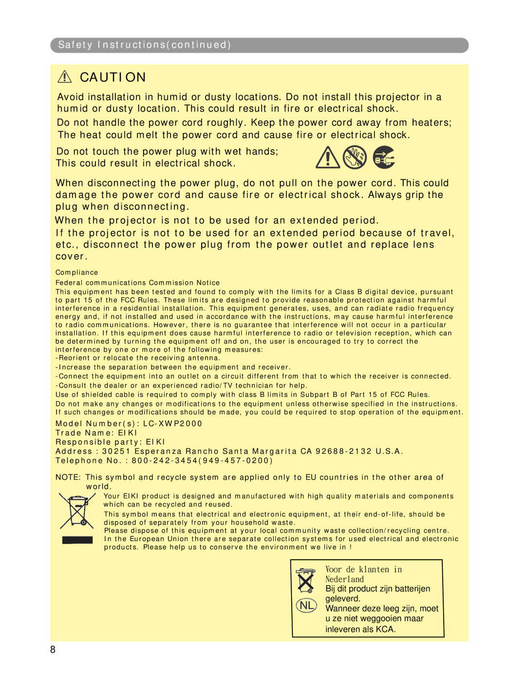 Eiki LC-XWP2000 manual Safety Instructions 