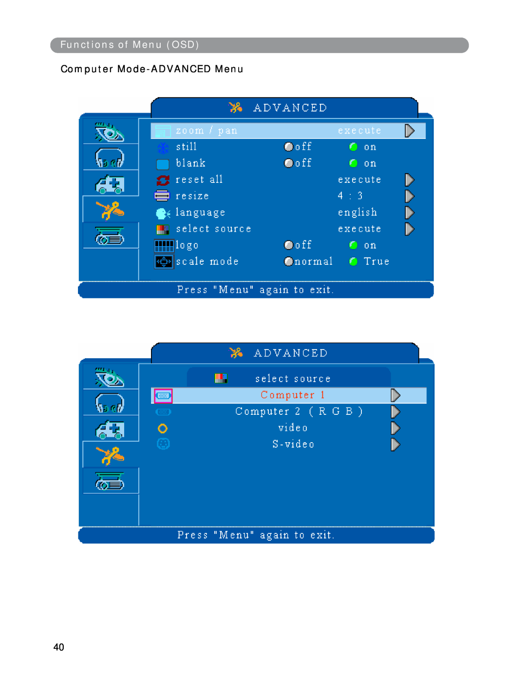 Eiki LC-XWP2000 manual Functions of Menu OSD, Computer Mode-ADVANCED Menu 