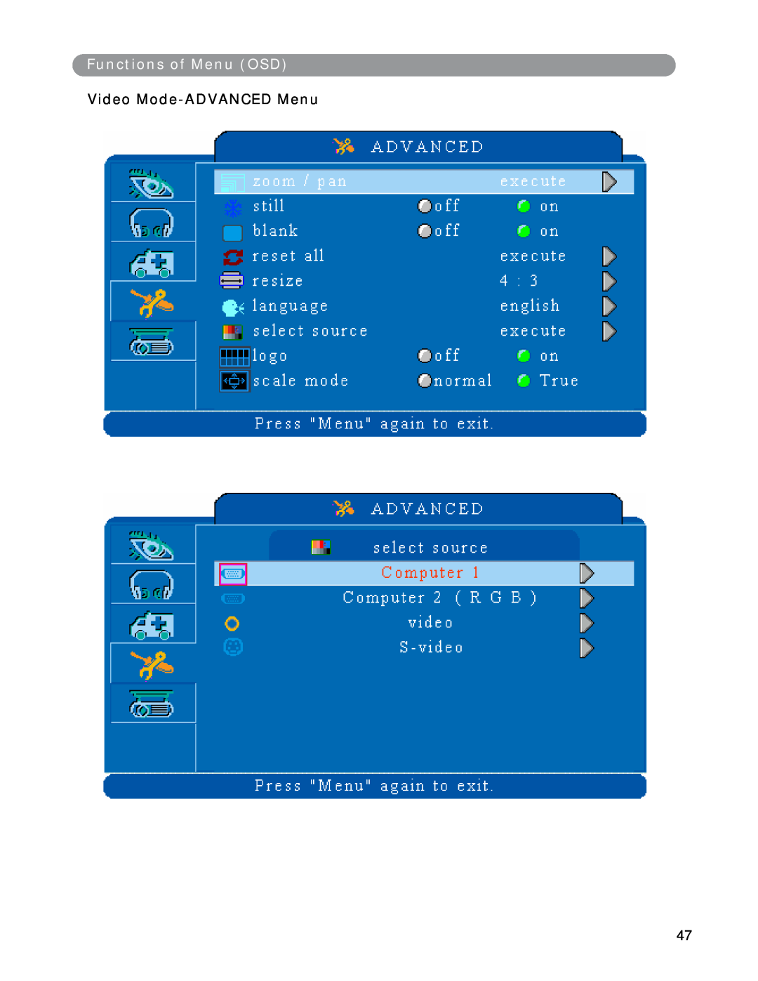 Eiki LC-XWP2000 manual Functions of Menu OSD, Video Mode-ADVANCED Menu 