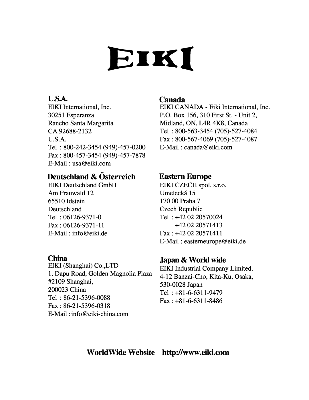 Eiki LC-XWP2000 manual U.S.A, Deutschland & Österreich, China, Canada, Eastern Europe, Japan & World wide 