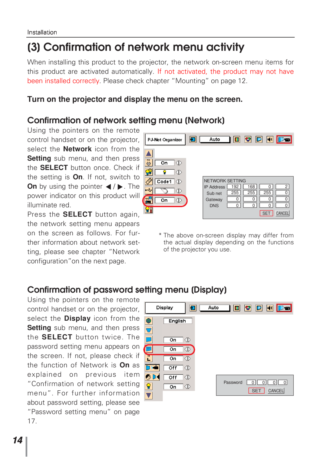 Eiki MD13NET owner manual Confirmation of network menu activity, Confirmation of network setting menu Network 