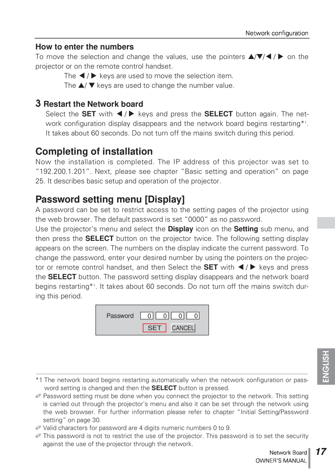 Eiki MD13NET owner manual Completing of installation, Password setting menu Display, How to enter the numbers, English 