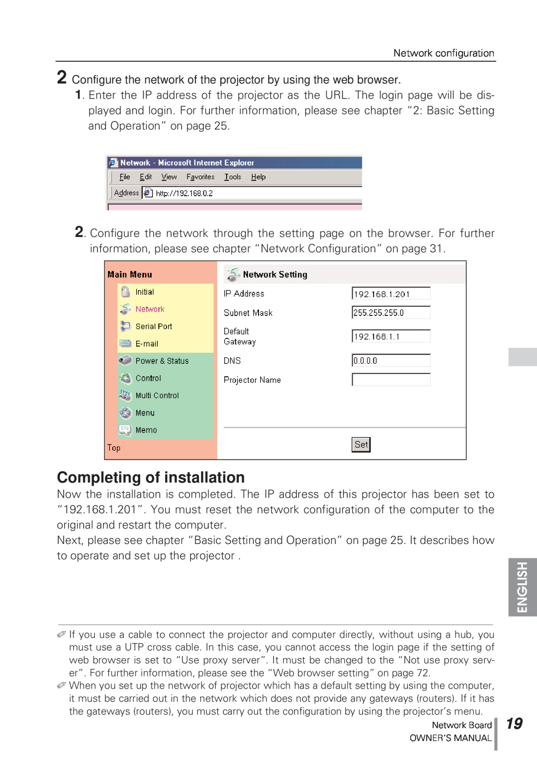 Eiki MD13NET owner manual English, Network configuration 