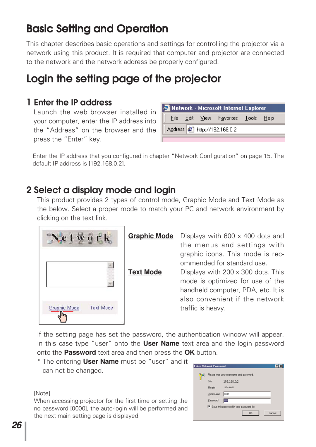 Eiki MD13NET Basic Setting and Operation, Login the setting page of the projector, Select a display mode and login 