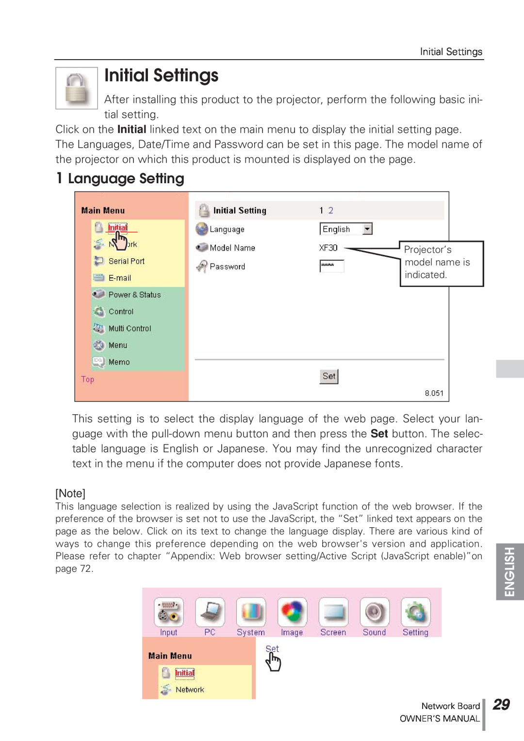 Eiki MD13NET owner manual Initial Settings, Language Setting, English 