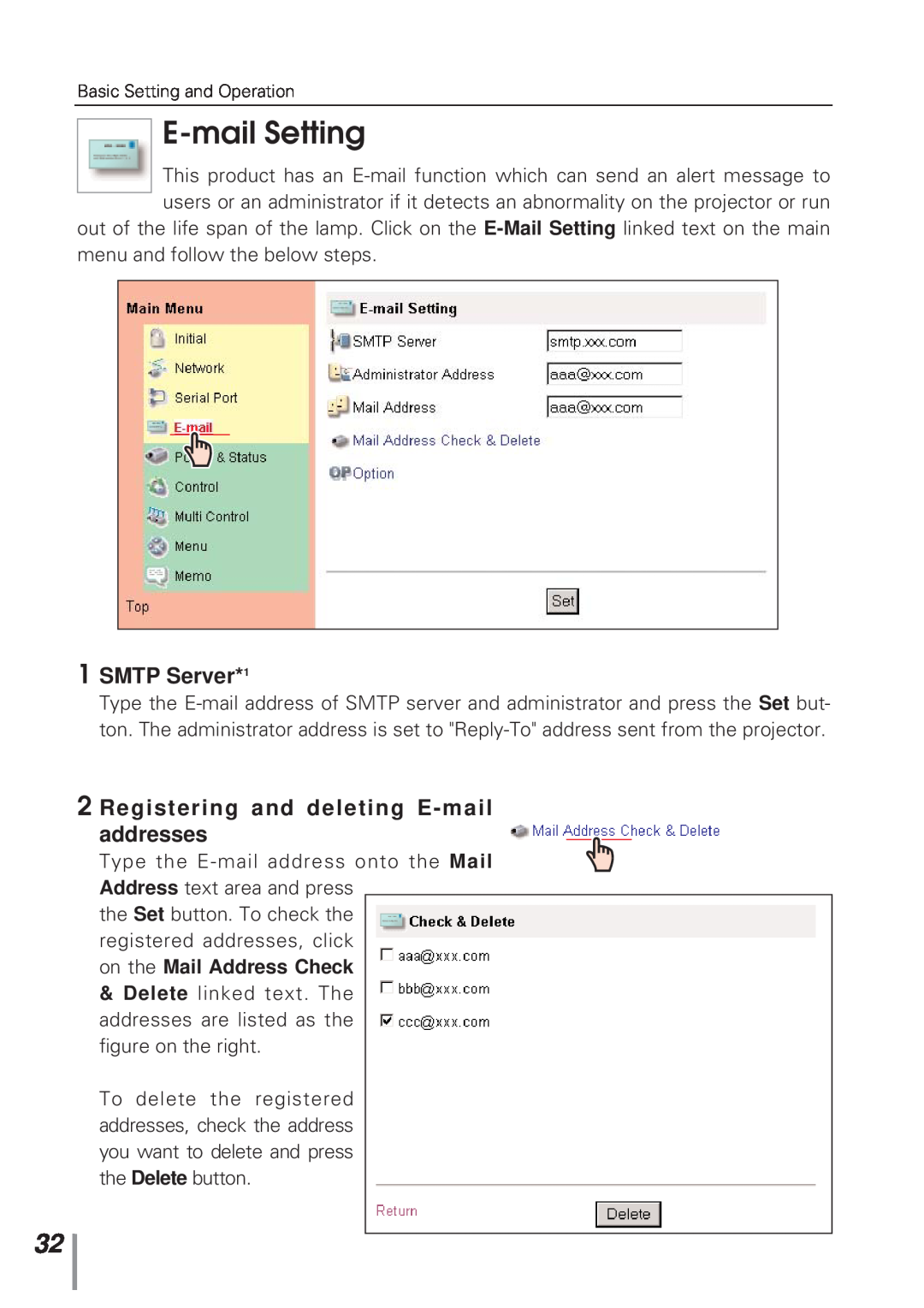 Eiki MD13NET owner manual E-mailSetting, SMTP Server*1, Registering and deleting E-mailaddresses 