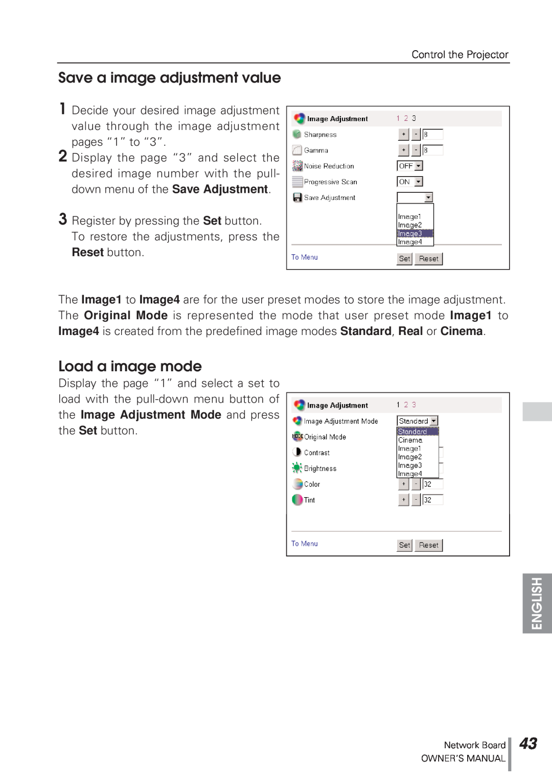 Eiki MD13NET owner manual Save a image adjustment value, Load a image mode, English 