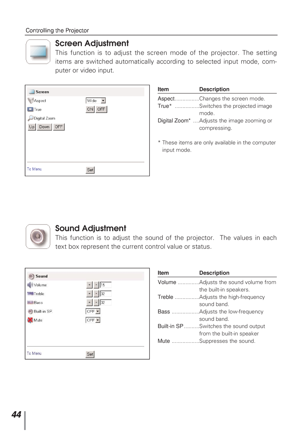 Eiki MD13NET owner manual Screen Adjustment, Sound Adjustment 