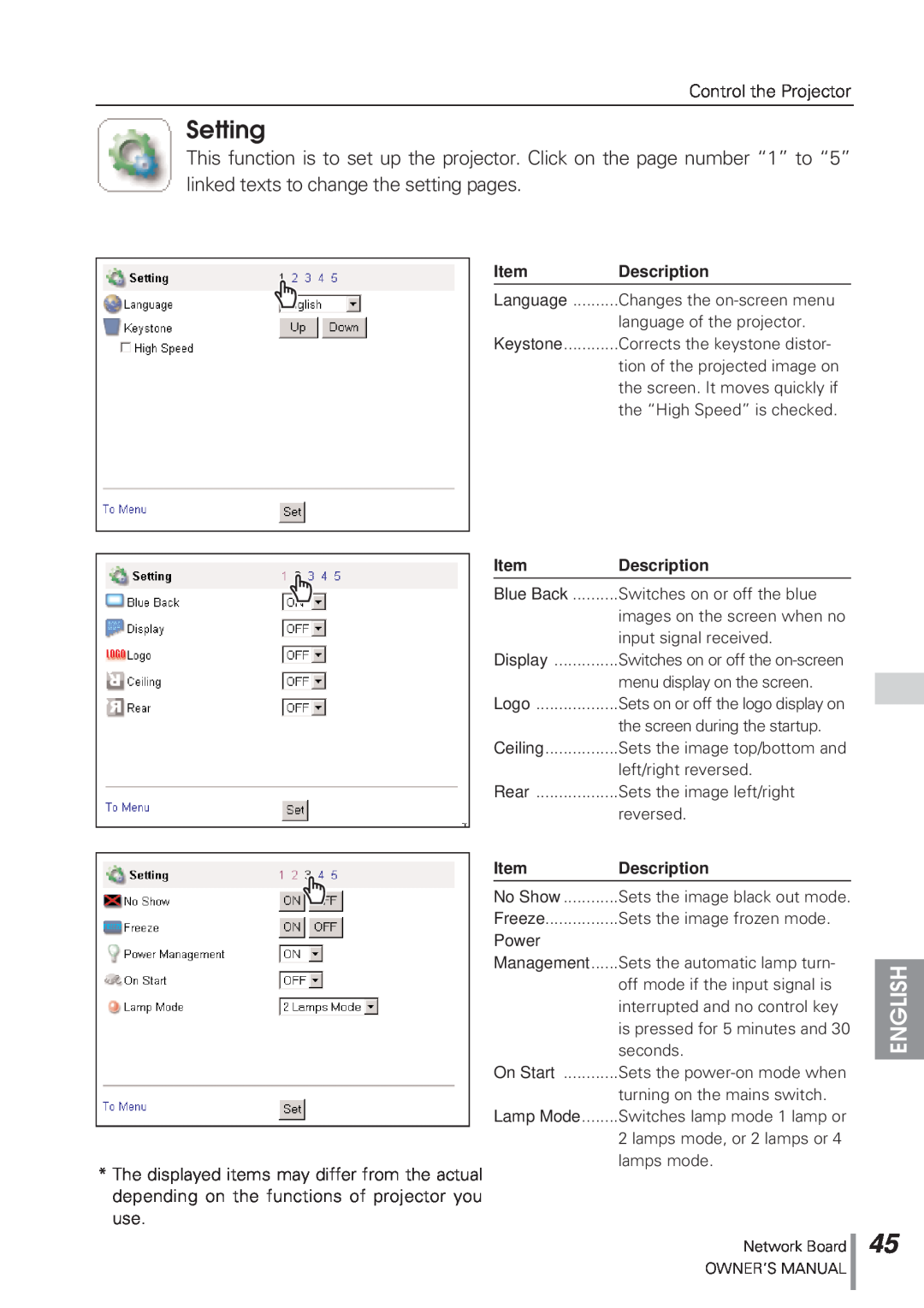 Eiki MD13NET owner manual Setting, English, Item, Description, Language, Blue Back, Power 