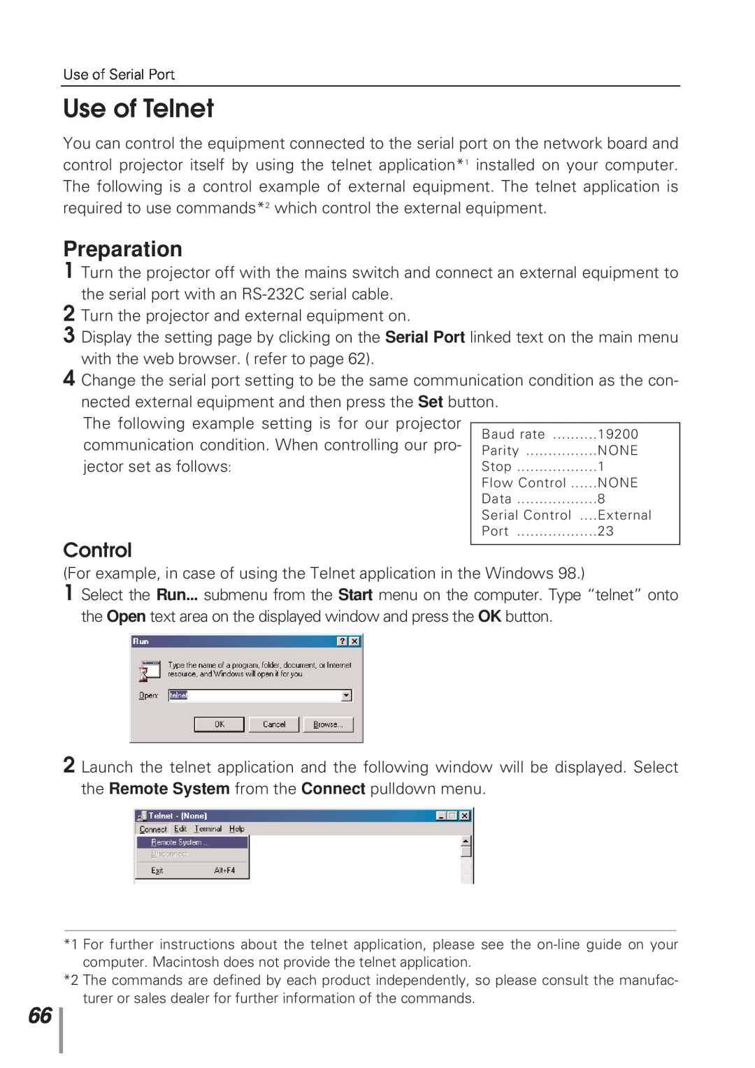 Eiki MD13NET owner manual Use of Telnet, Preparation, Control 