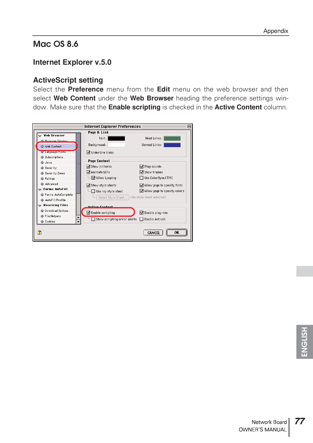 Eiki MD13NET owner manual Mac OS, English, Network Board OWNER’S MANUAL 