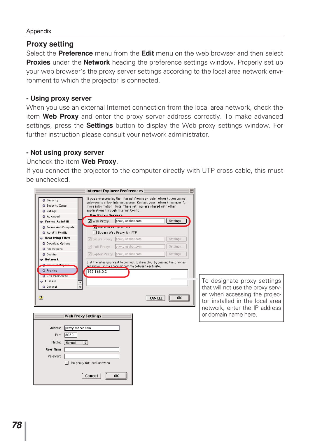 Eiki MD13NET owner manual Using proxy server, Not using proxy server, Uncheck the item Web Proxy 