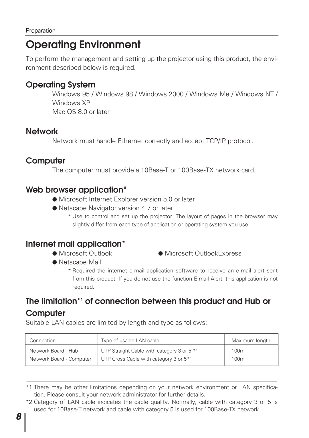 Eiki MD13NET owner manual Operating Environment, Operating System, Network, Computer, Web browser application 