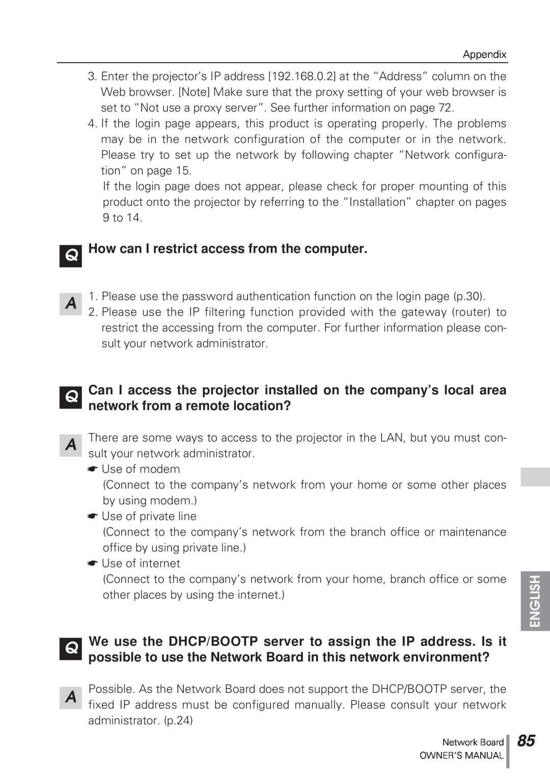 Eiki MD13NET owner manual QHow can I restrict access from the computer, English 