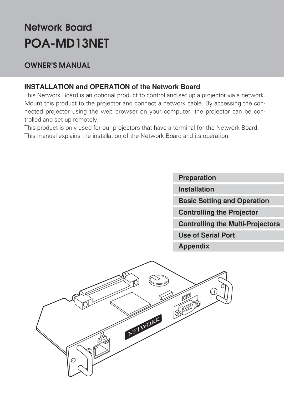 Eiki MD13NET owner manual Installation and Operation of the Network Board 