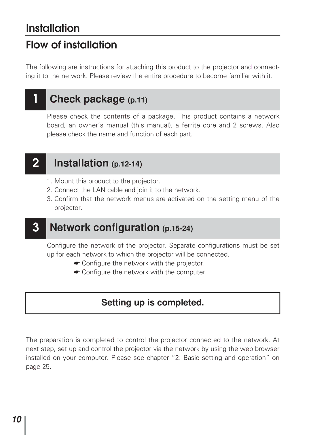 Eiki MD13NET owner manual Installation Flow of installation, Check package p.11 Installation p.12-14 