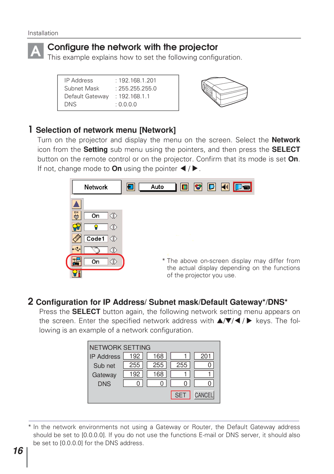 Eiki MD13NET owner manual Configure the network with the projector, Selection of network menu Network 