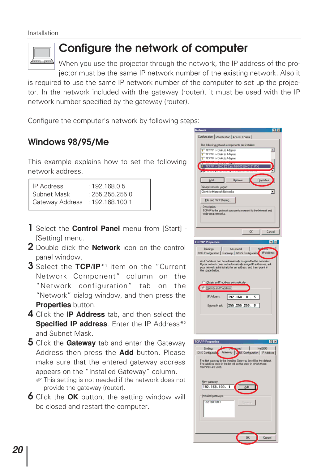 Eiki MD13NET owner manual Configure the network of computer, Windows 98/95/Me 