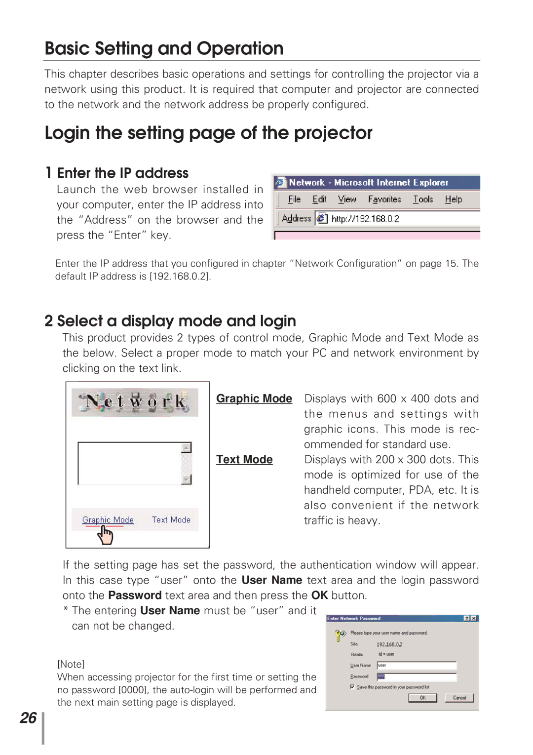 Eiki MD13NET owner manual Basic Setting and Operation, Login the setting page of the projector, Enter the IP address 