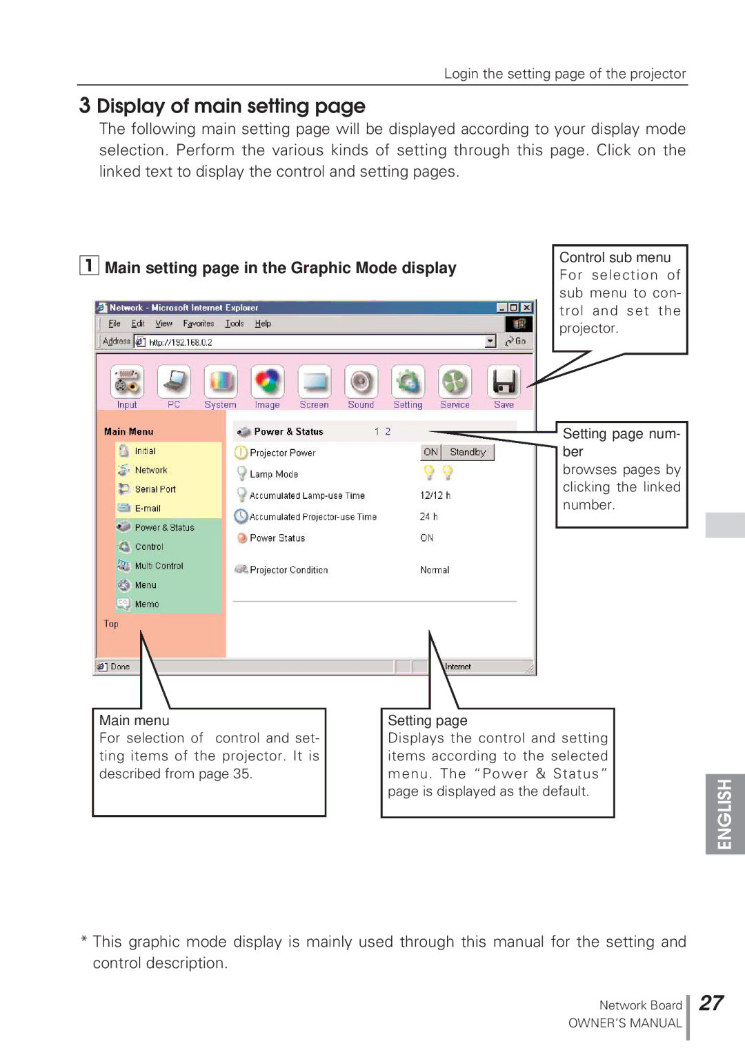 Eiki MD13NET owner manual Display of main setting, Main setting page in the Graphic Mode display 