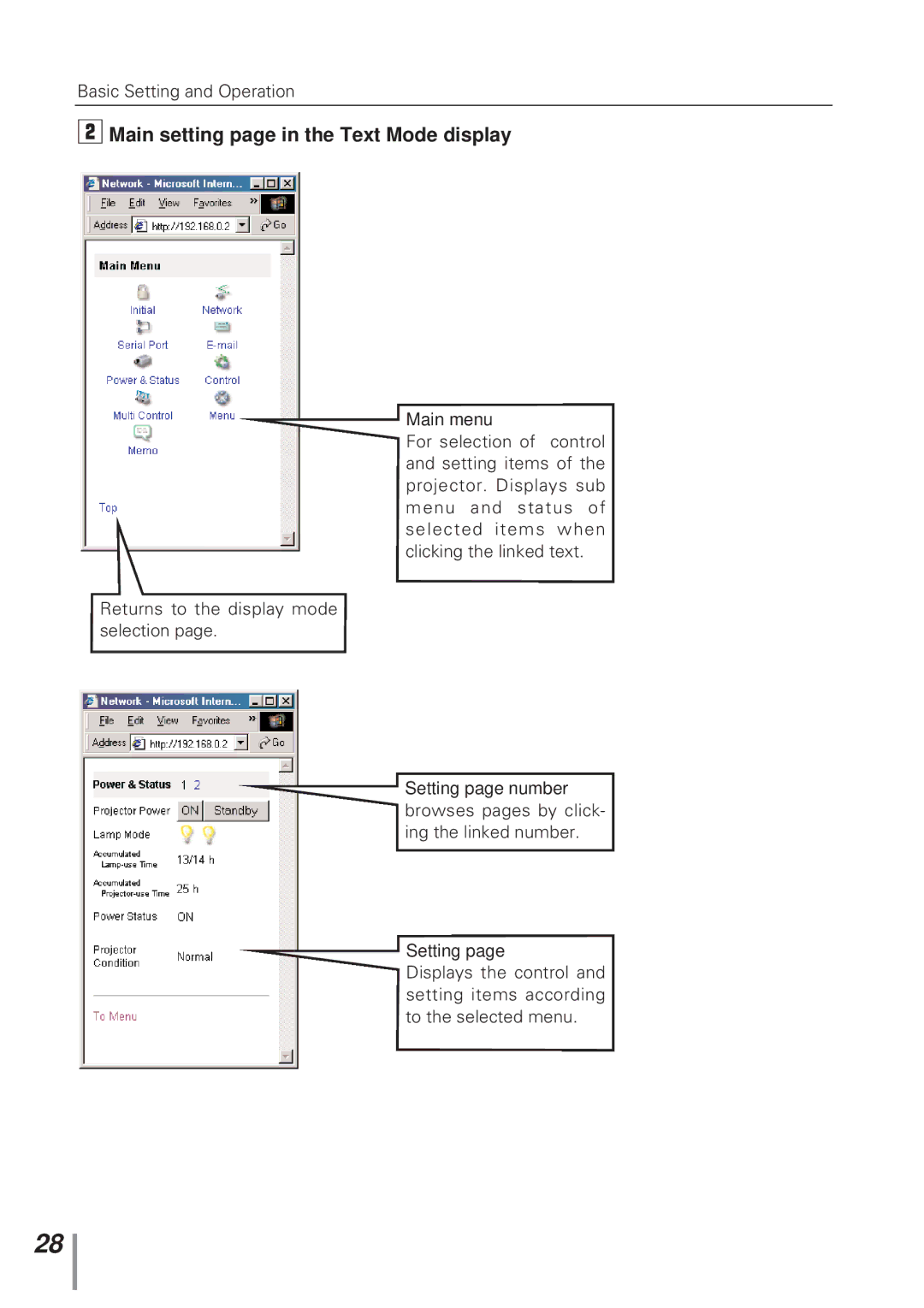 Eiki MD13NET owner manual Main setting page in the Text Mode display 