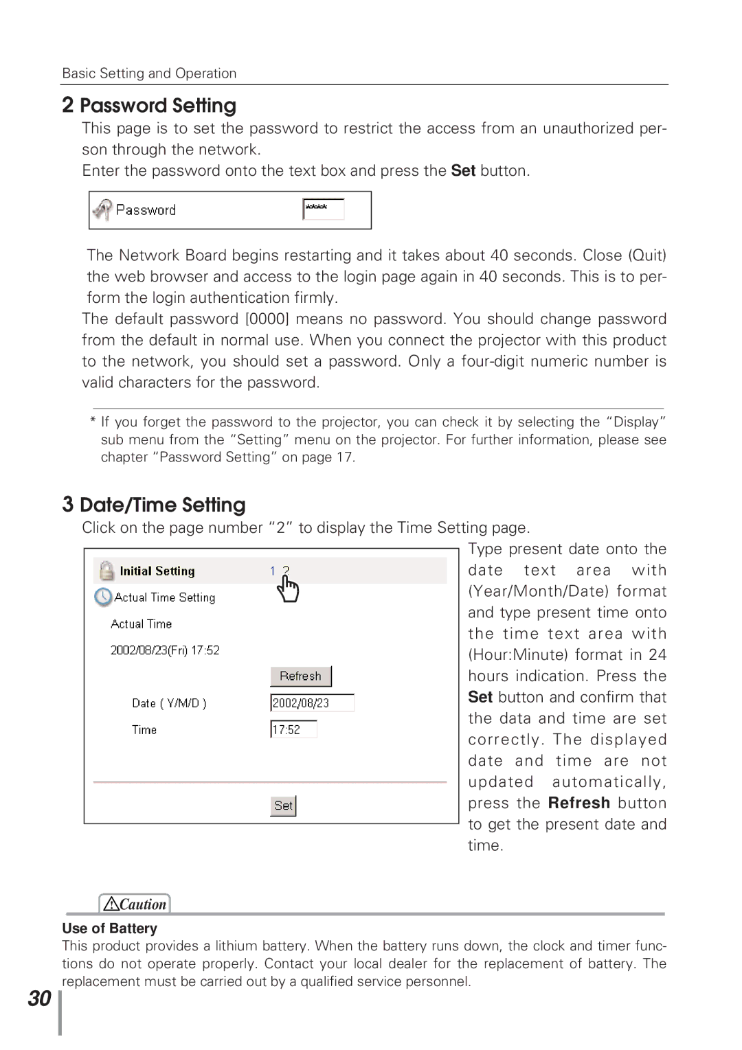 Eiki MD13NET owner manual Password Setting, Date/Time Setting 