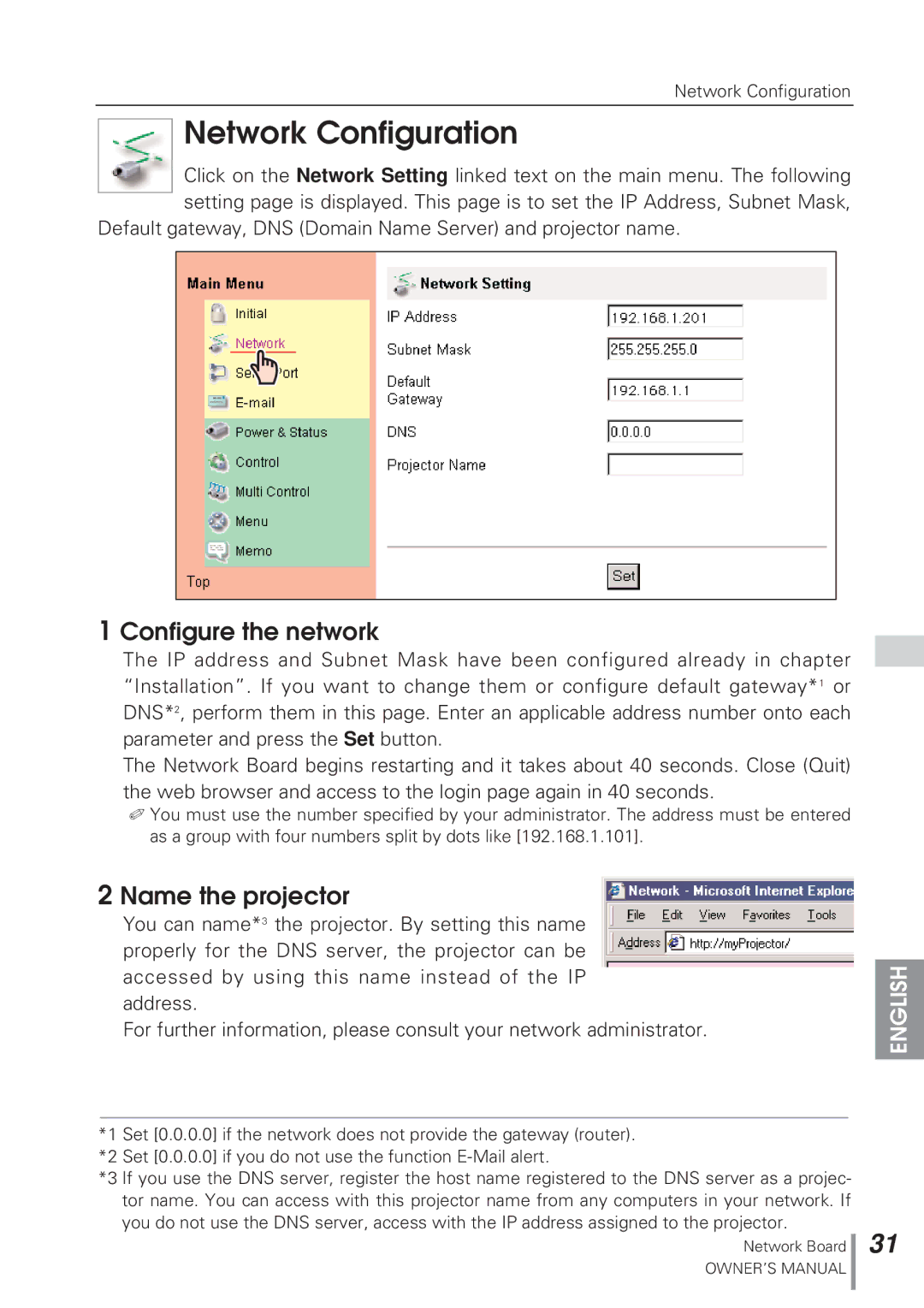 Eiki MD13NET owner manual Configure the network, Name the projector 