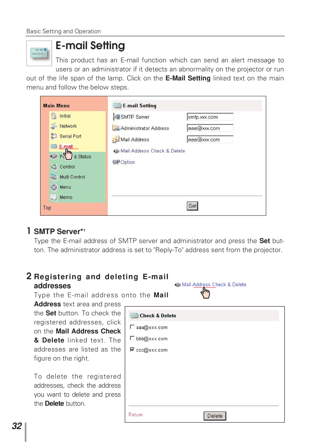 Eiki MD13NET owner manual Mail Setting, Smtp Server*1, Registering and deleting E-mail addresses 