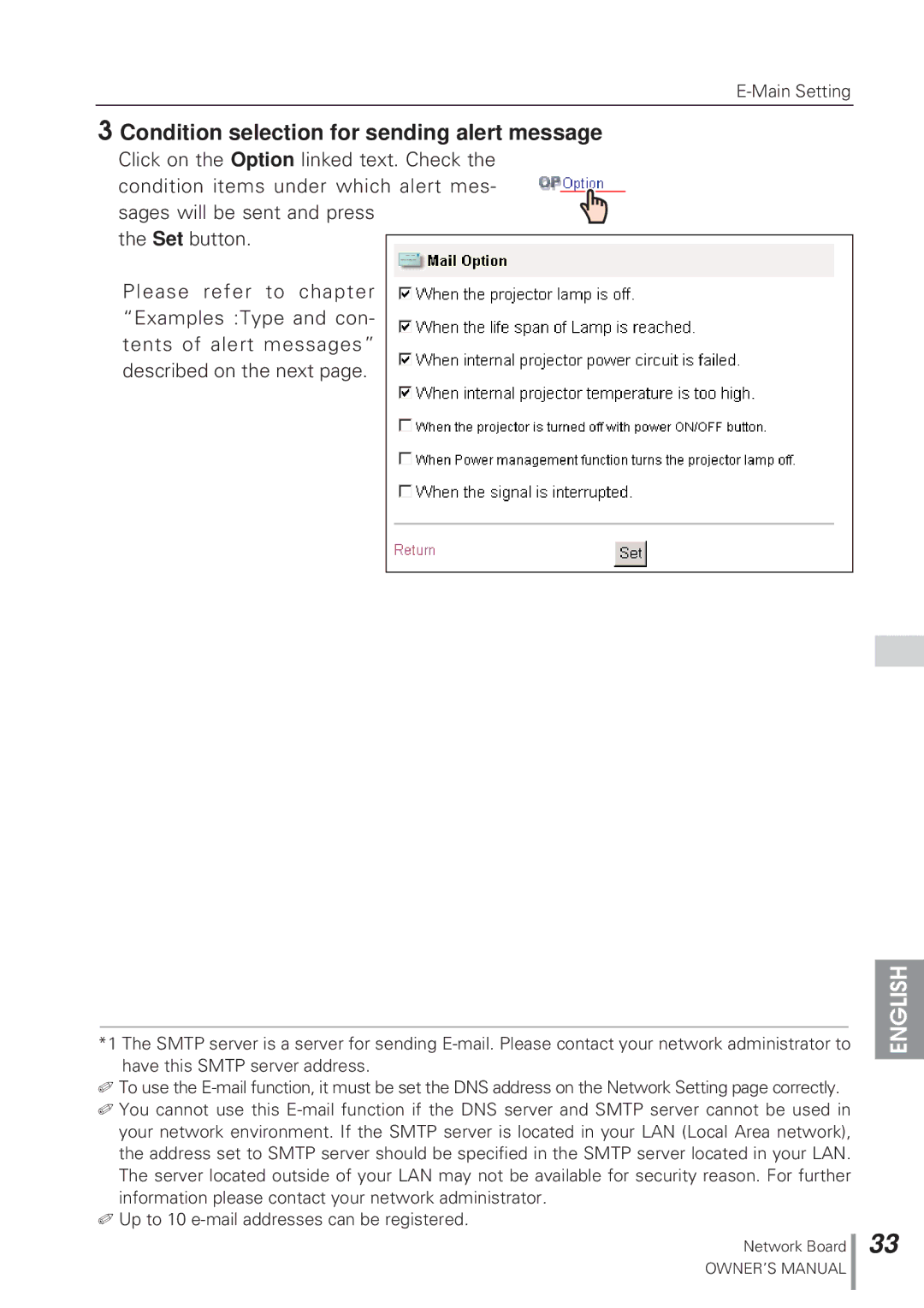 Eiki MD13NET owner manual Condition selection for sending alert message 