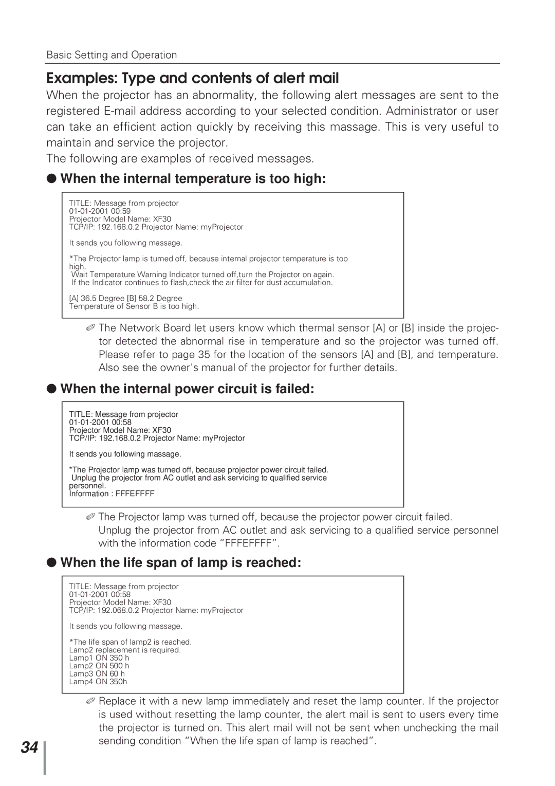 Eiki MD13NET owner manual Examples Type and contents of alert mail 