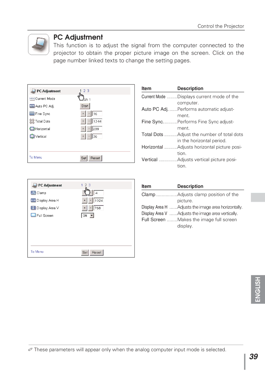 Eiki MD13NET owner manual PC Adjustment, Picture 