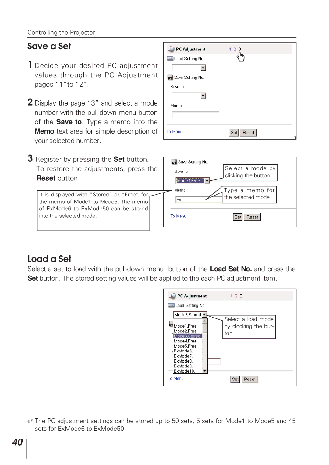 Eiki MD13NET owner manual Save a Set, Load a Set 