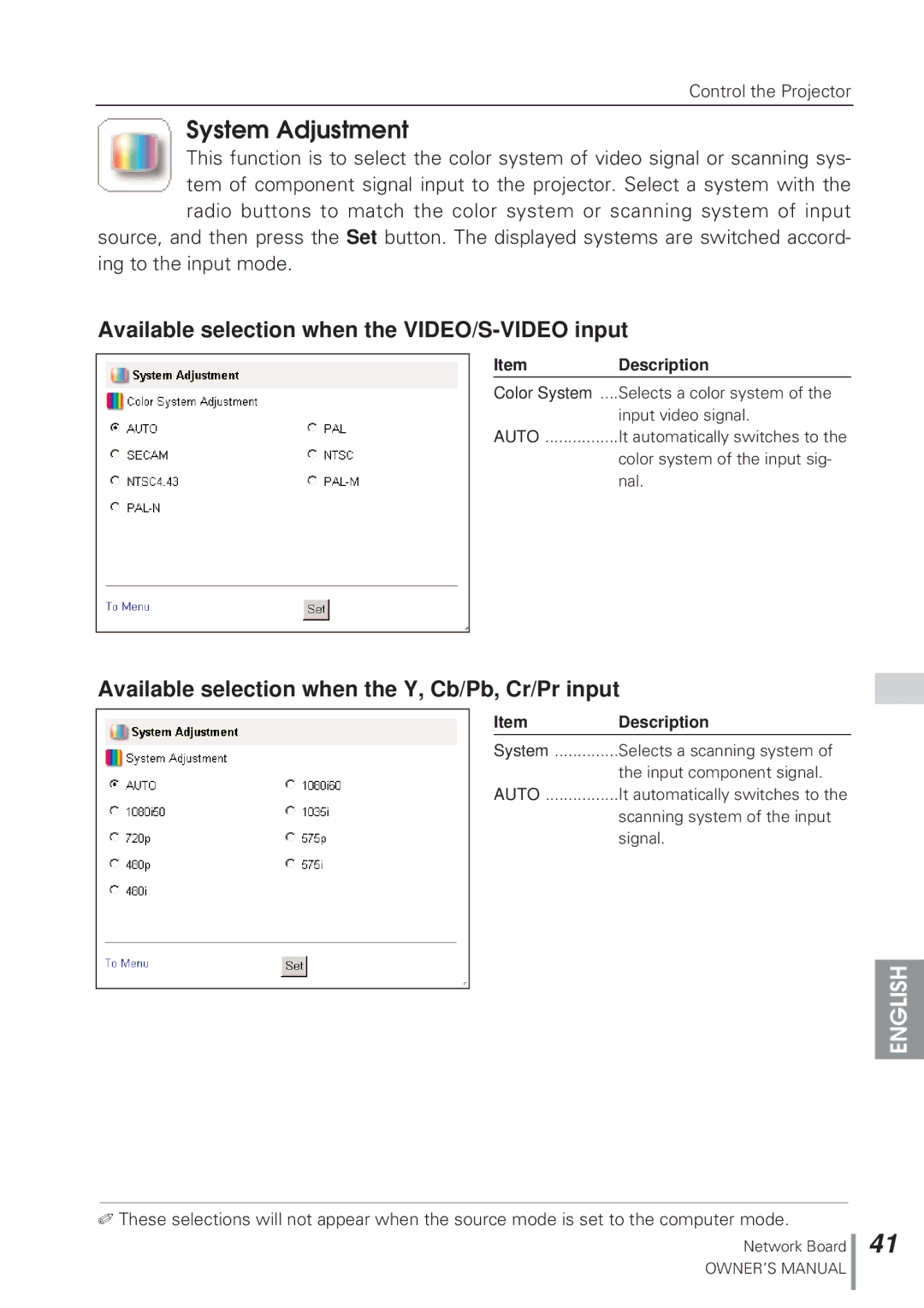 Eiki MD13NET owner manual System Adjustment, Available selection when the VIDEO/S-VIDEO input 