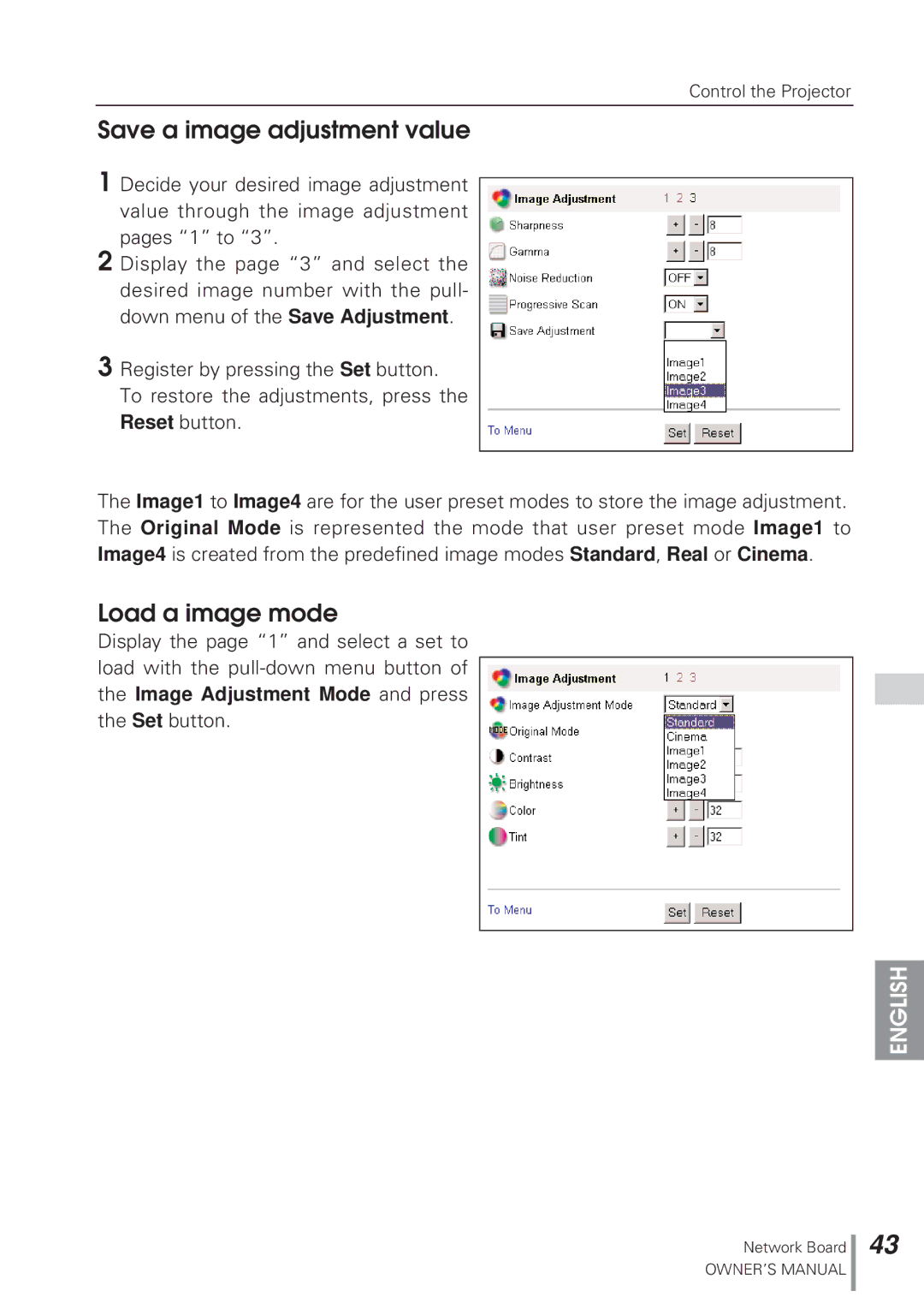 Eiki MD13NET owner manual Save a image adjustment value, Load a image mode 