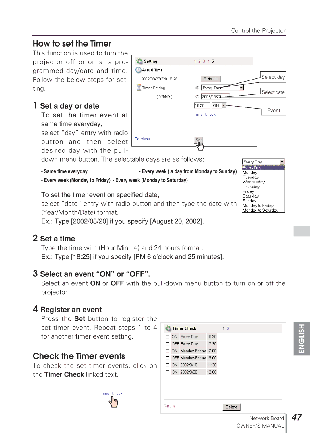 Eiki MD13NET owner manual How to set the Timer, Check the Timer events 