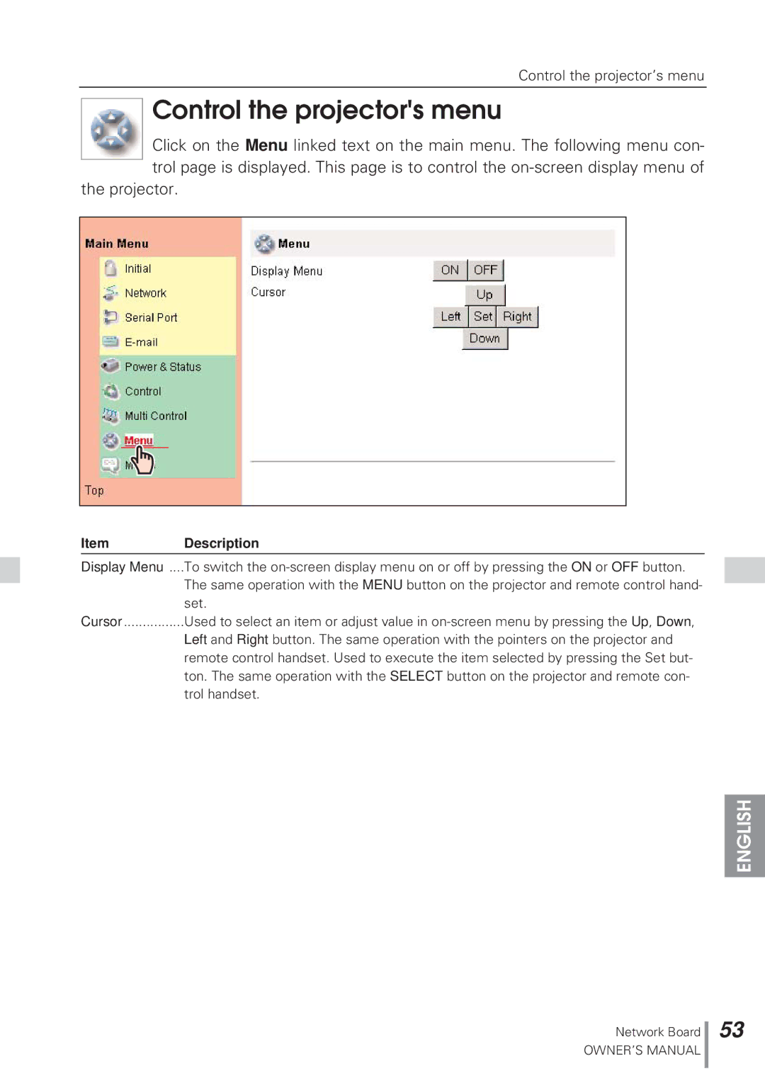 Eiki MD13NET owner manual Control the projectors menu, Projector 