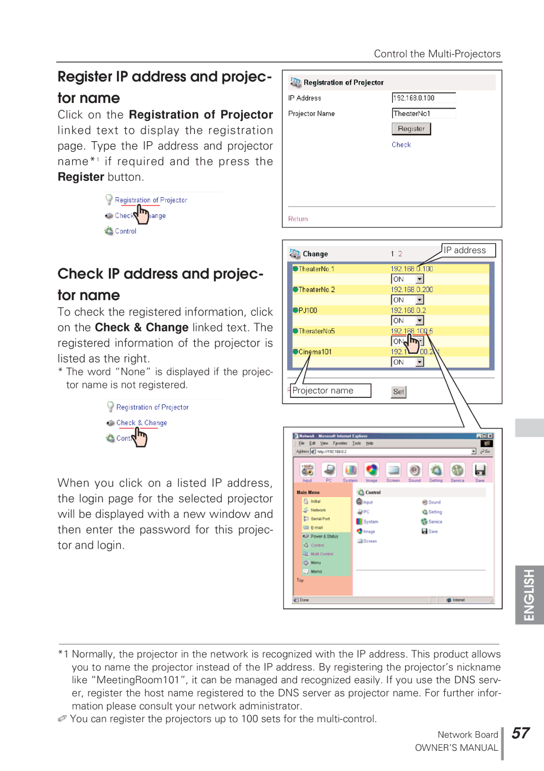 Eiki MD13NET owner manual Register IP address and projec Tor name, Check IP address and projec Tor name 