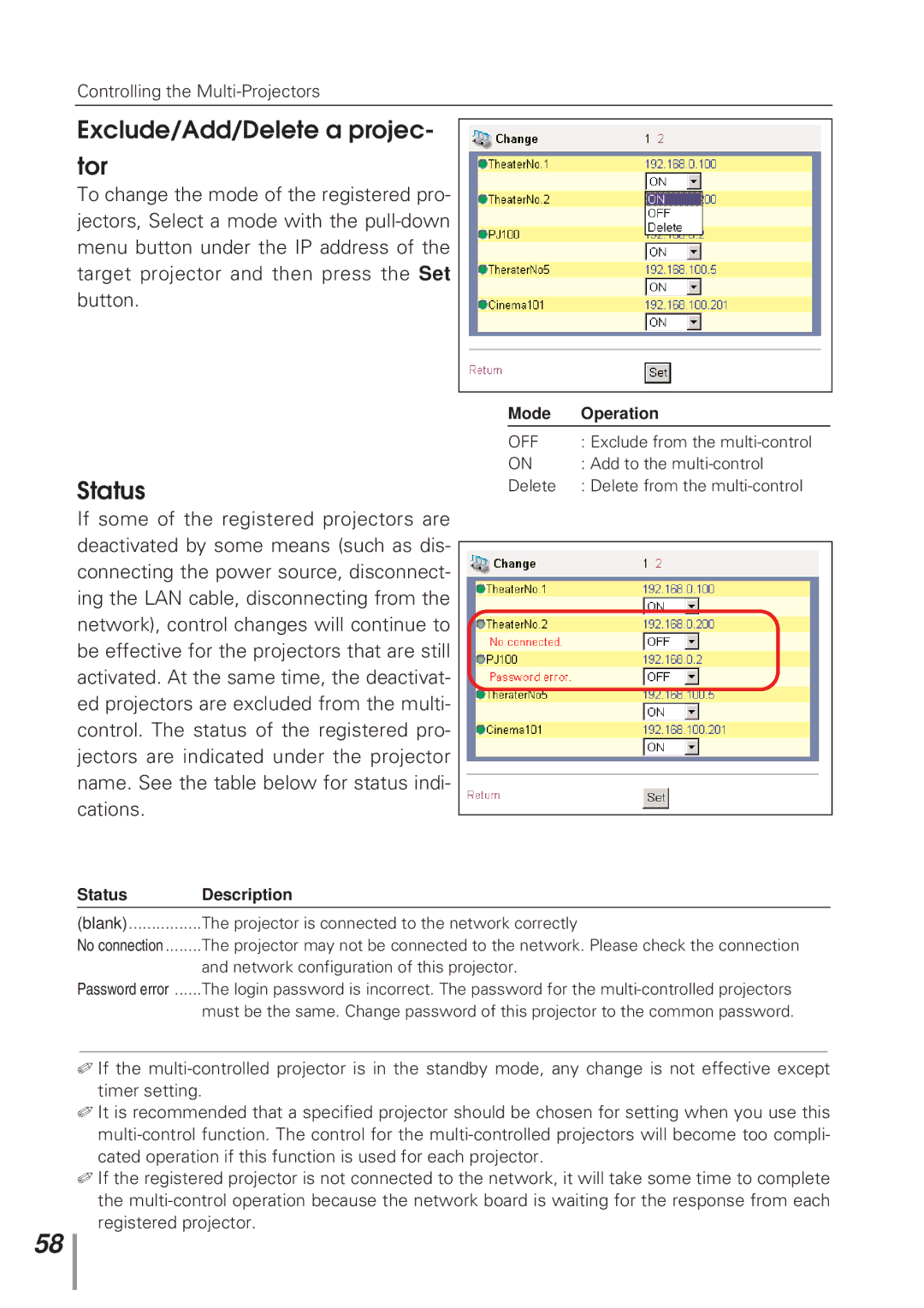 Eiki MD13NET owner manual Exclude/Add/Delete a projec Tor, Status 