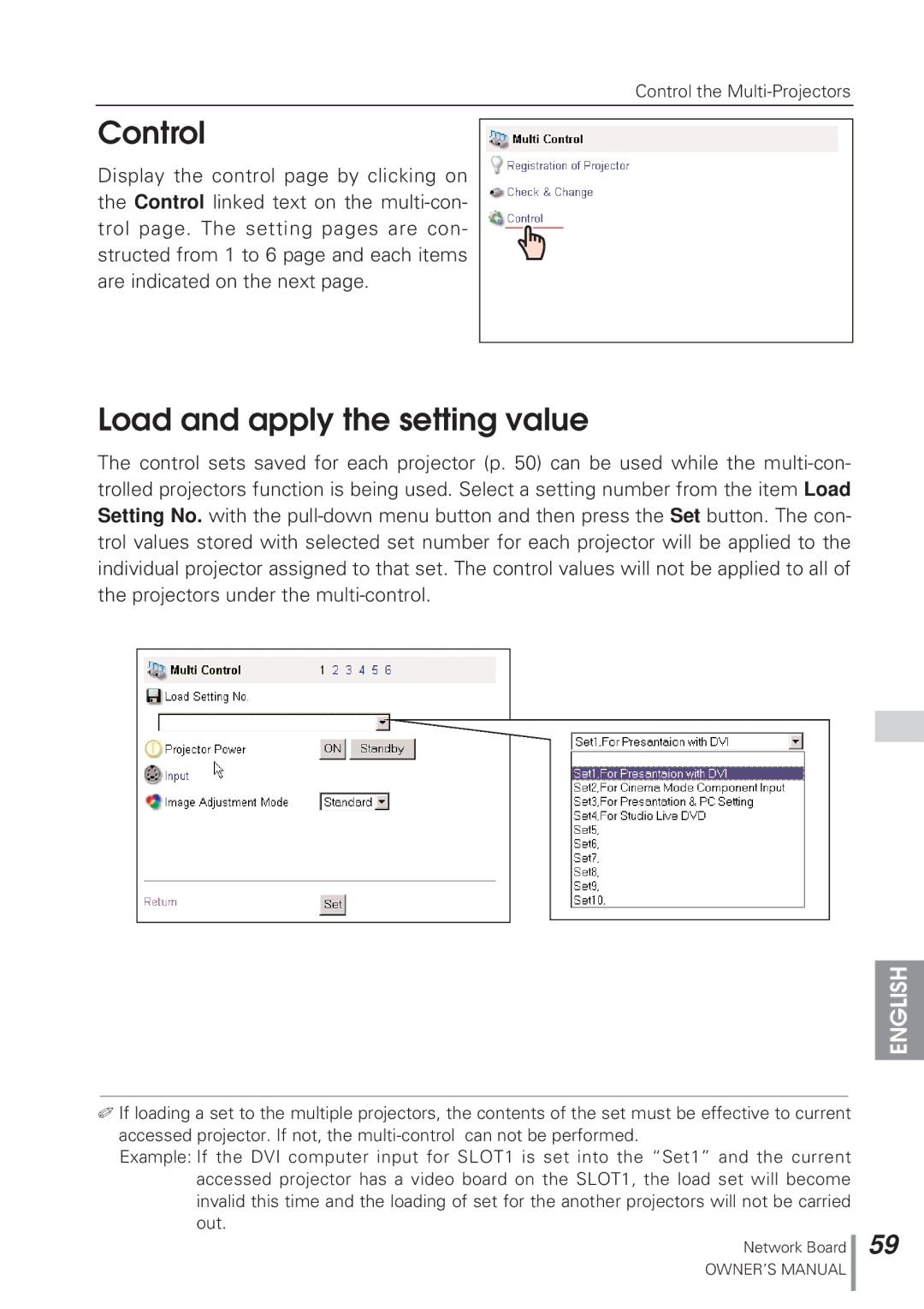 Eiki MD13NET owner manual Control, Load and apply the setting value 